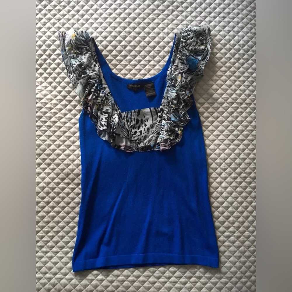 Yuka Paris Silk Ruffle Floral Royal Blue Top Tee Knit Size S Small